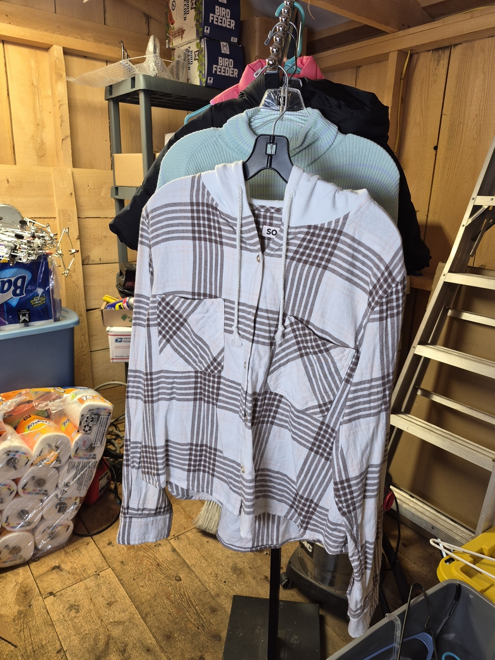 SO Men's Hooded Plaid Shirt Jacket in Light Blue and Brown Bin 41